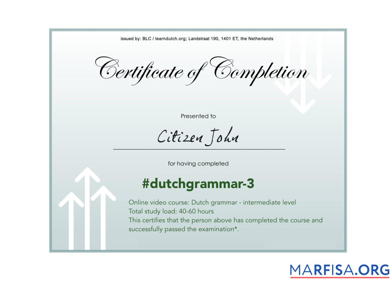 Realistic Netherlands language grammar certificate of completion PSD sample, completely editable template